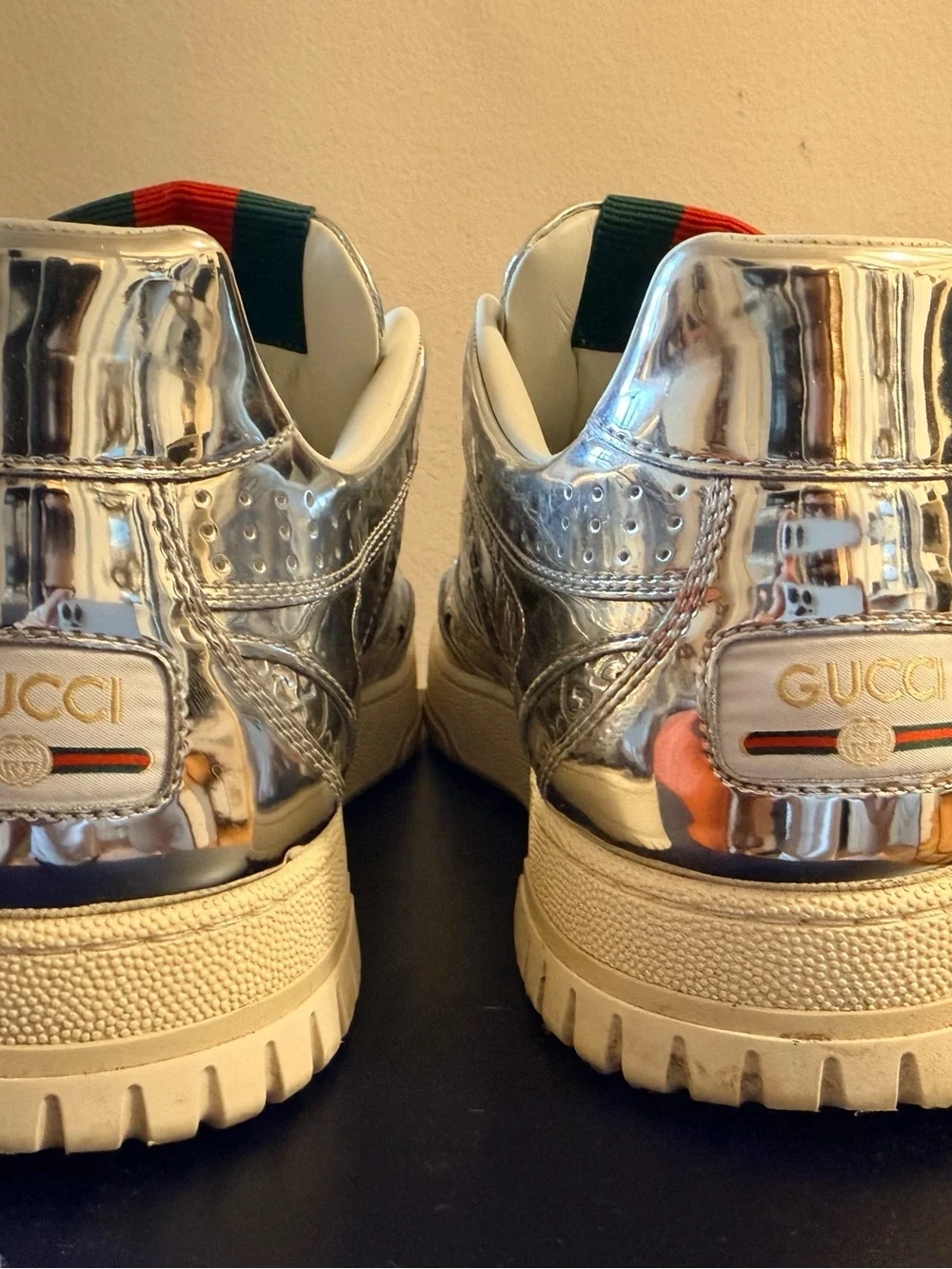 Men's Gucci Re-Web Sneaker Silver Metallic Leather Size: 9 = 9.5 US - Excellent